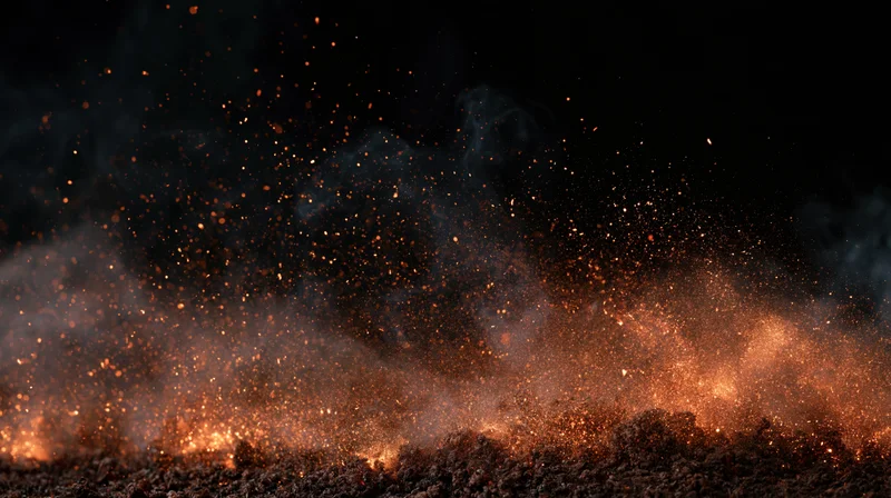 Fire embers and smoke drifting horizontally across dark ground at night