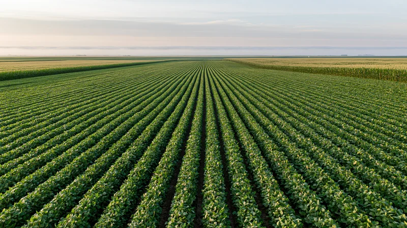 Aerial view of converging soybean crop rows stretching toward the horizon in a rural field