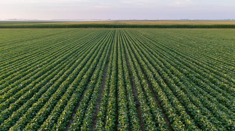 Aerial view of converging soybean crop rows stretching across a vast green field