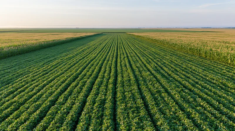 Aerial view of converging soybean crop rows stretching toward the horizon in a vast green field