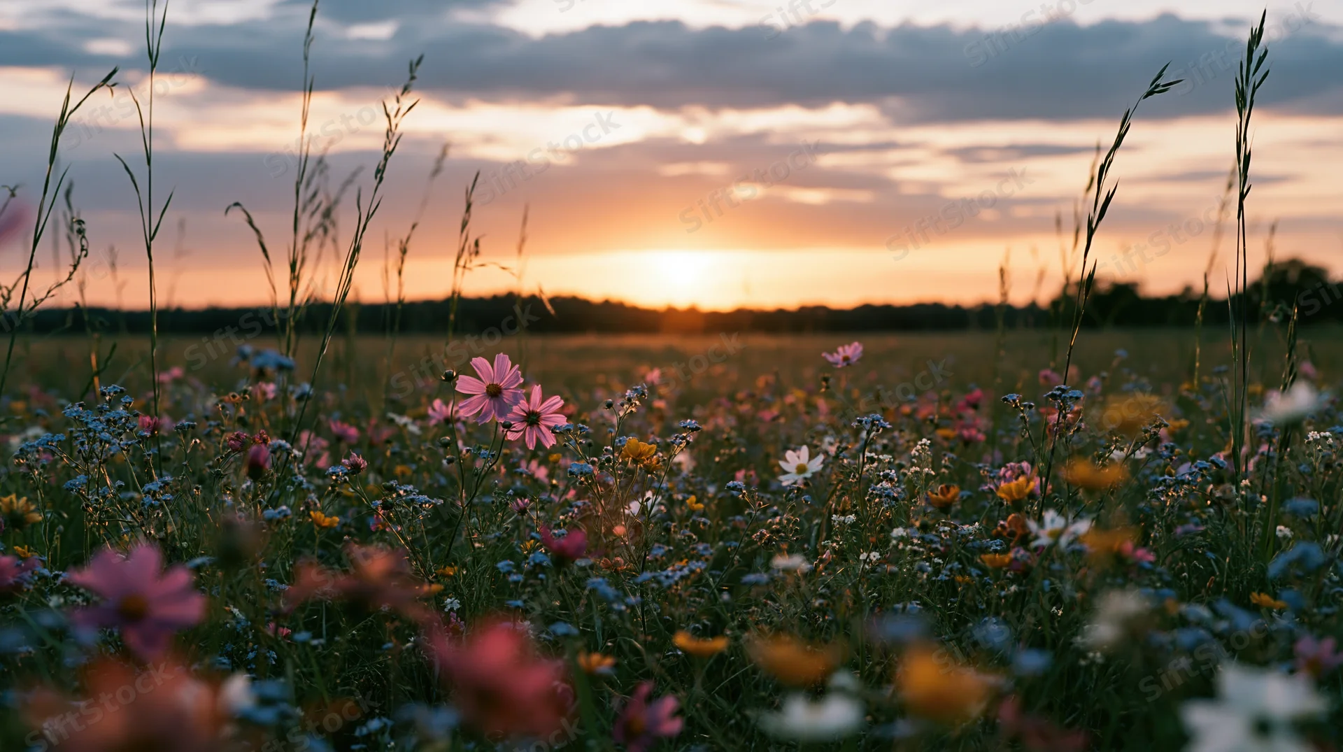 Wildflowers blooming in a meadow at sunset