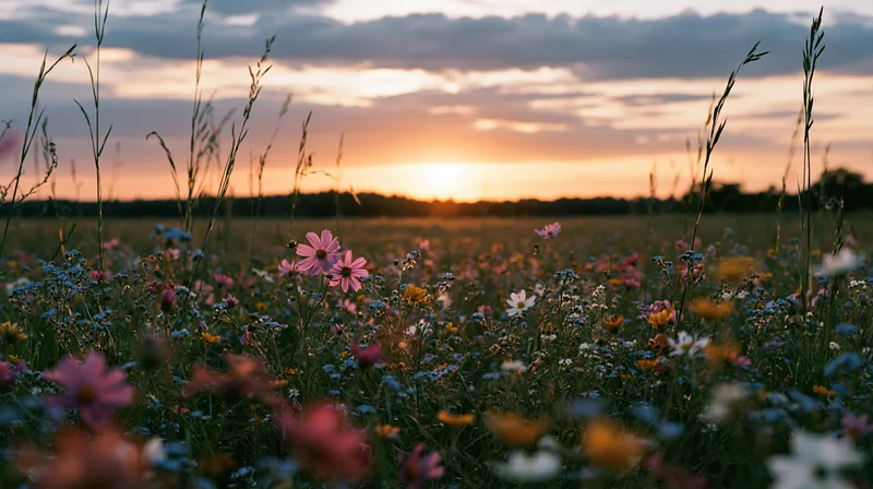 Wide ground-level shot of a wildflower meadow at sunset