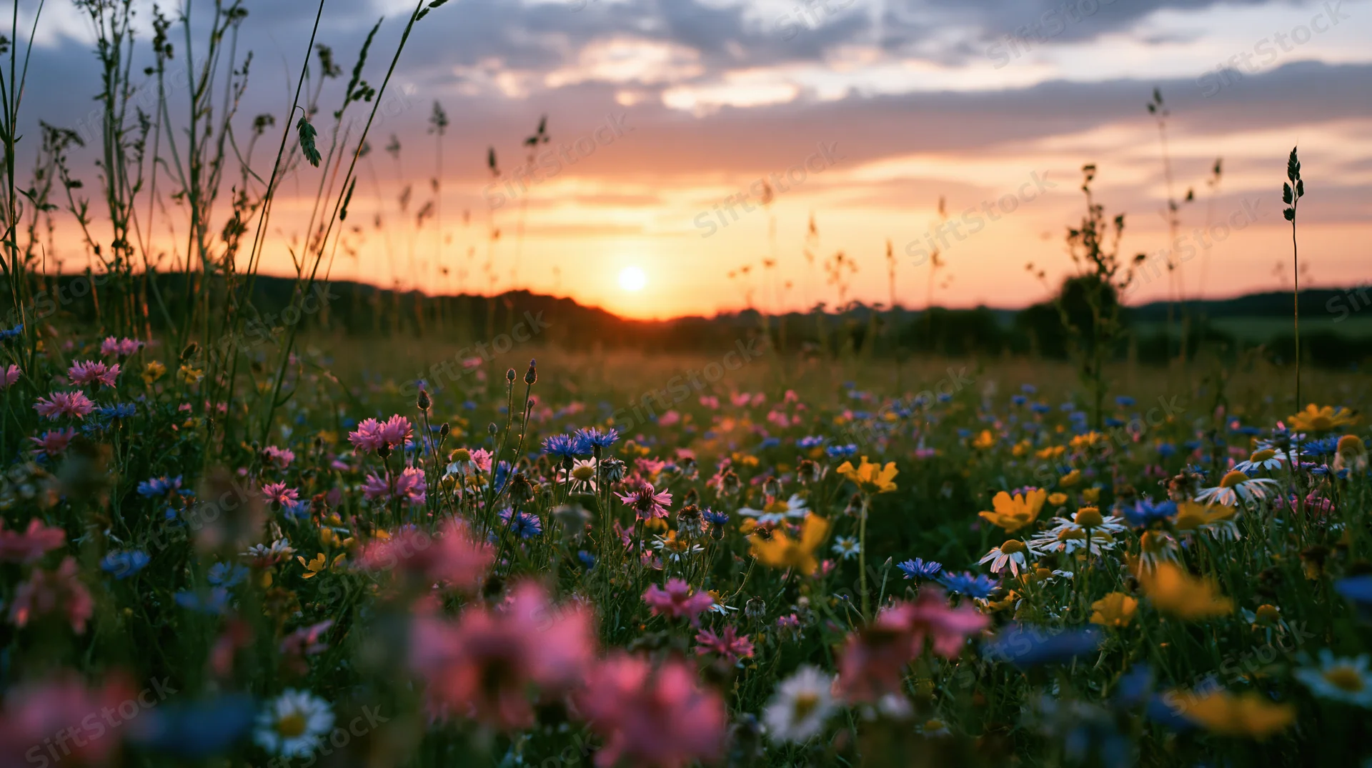 Wildflowers blooming in a meadow at sunset with soft focus and golden hour lighting