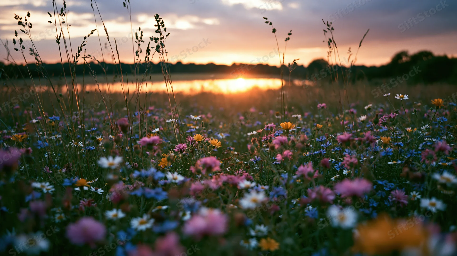 Wildflowers blooming in a meadow at sunset with a lake in the background