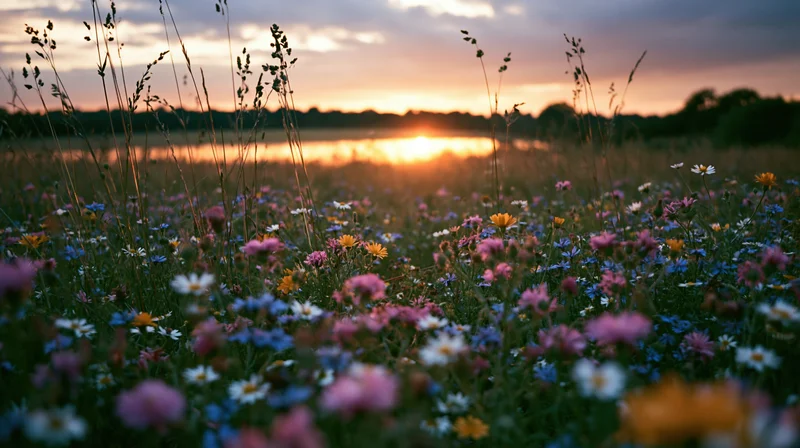 Wildflowers blooming in a meadow at sunset with a lake in the background