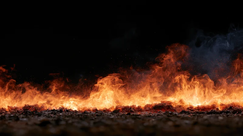 Low-burning fire spreading across gravel ground at night