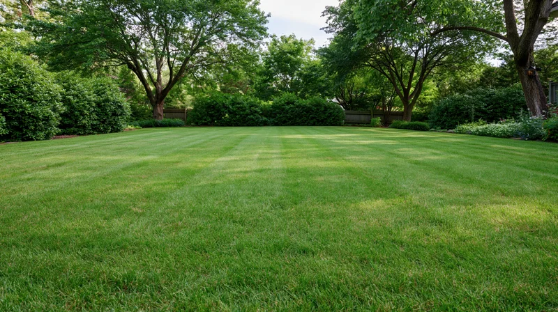 Freshly mowed green lawn in a backyard surrounded by trees and shrubs under daylight
