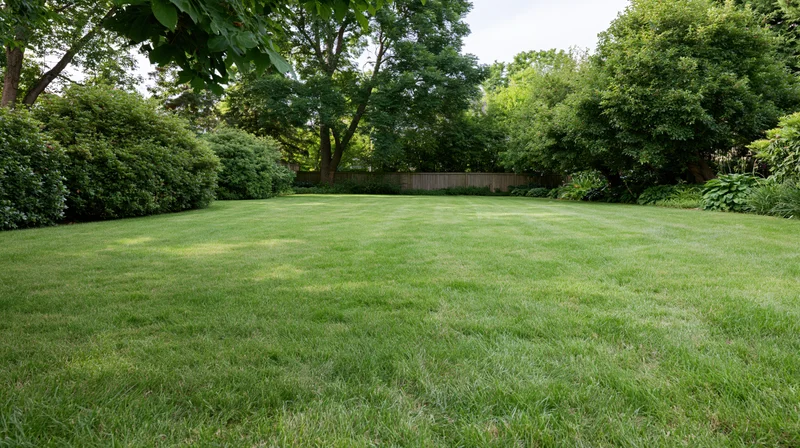 Freshly mowed green lawn in a backyard surrounded by trees and shrubs
