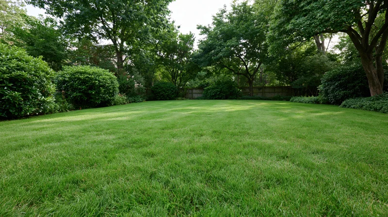 Freshly mowed green lawn in a backyard surrounded by trees and shrubs under daylight