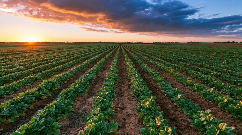 Rows of green soybean plants growing in a cultivated field at sunset