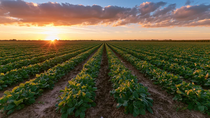 Rows of soybean plants growing in a wide open field at sunset