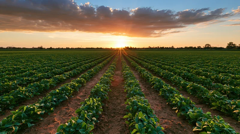 Rows of soybean plants stretching across a field at sunset