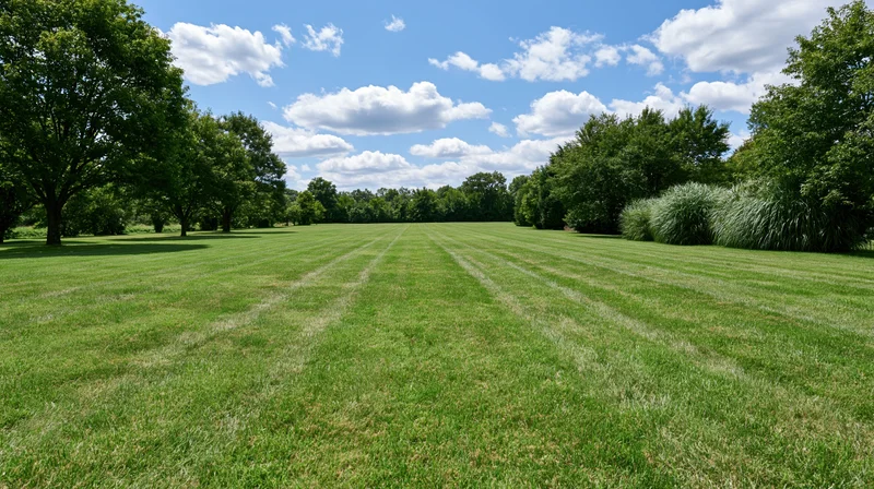 Wide manicured lawn with striped mowing pattern stretching toward distant trees under blue sky with clouds