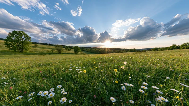 Wide open meadow filled with wild daisies and dandelions under a sunset sky