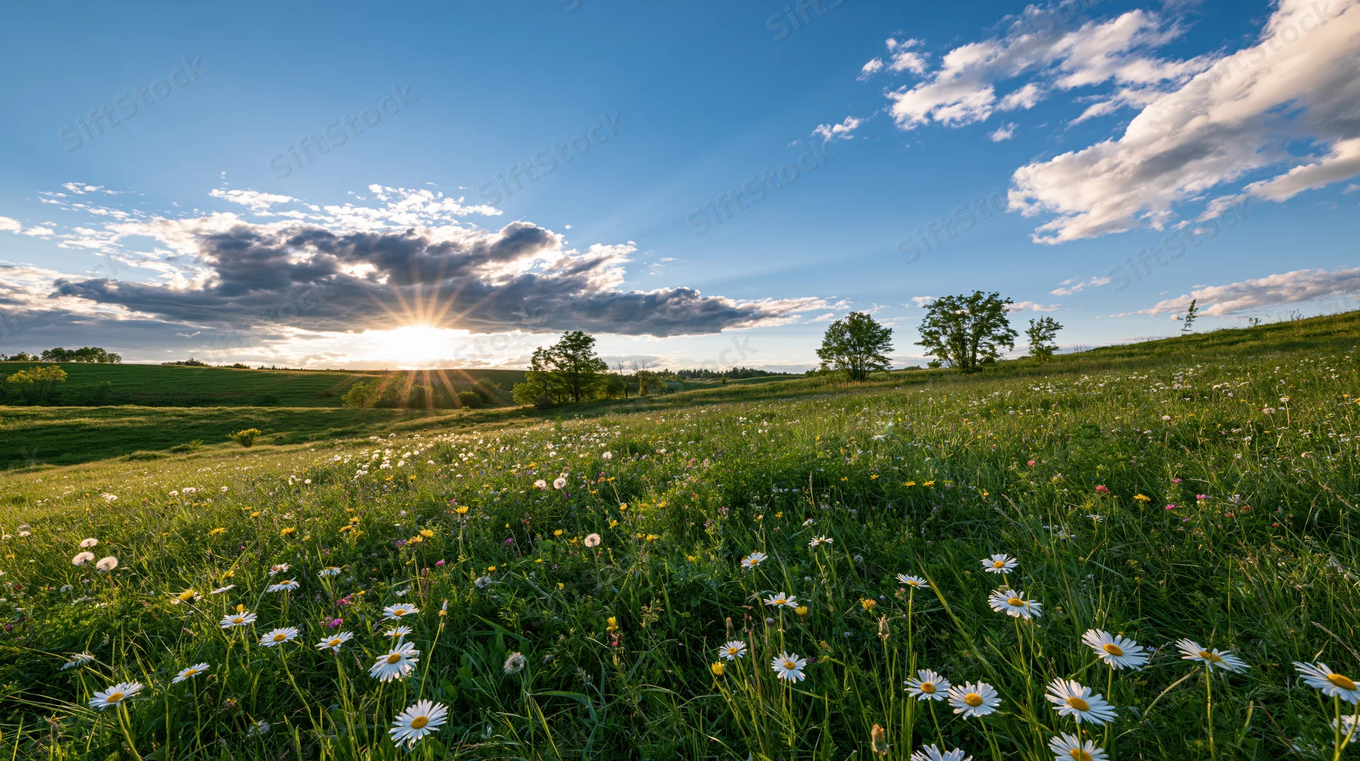 Sun rising over a wide meadow filled with wild daisies and dandelions under a blue sky with scattered clouds