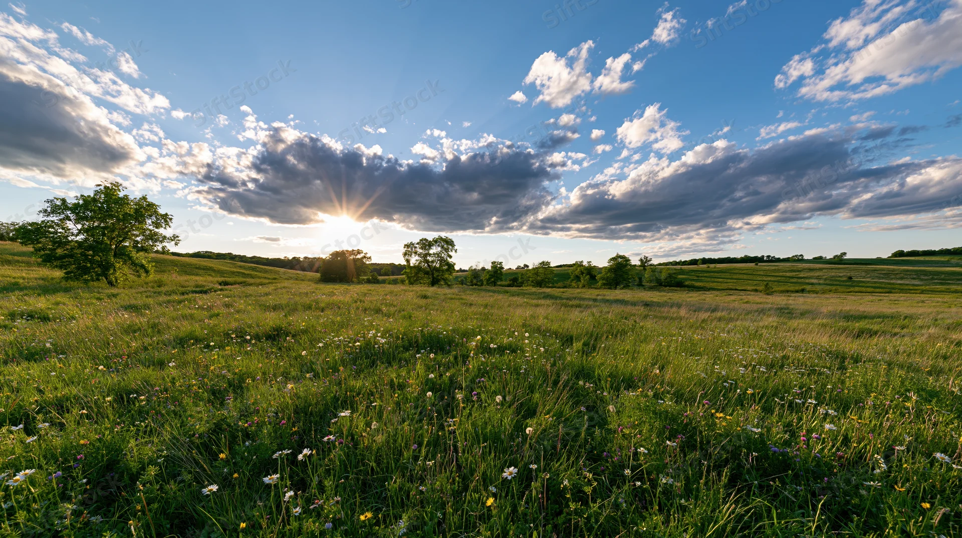 Wide open meadow filled with wild daisies and dandelions under a blue sky with scattered clouds at sunrise