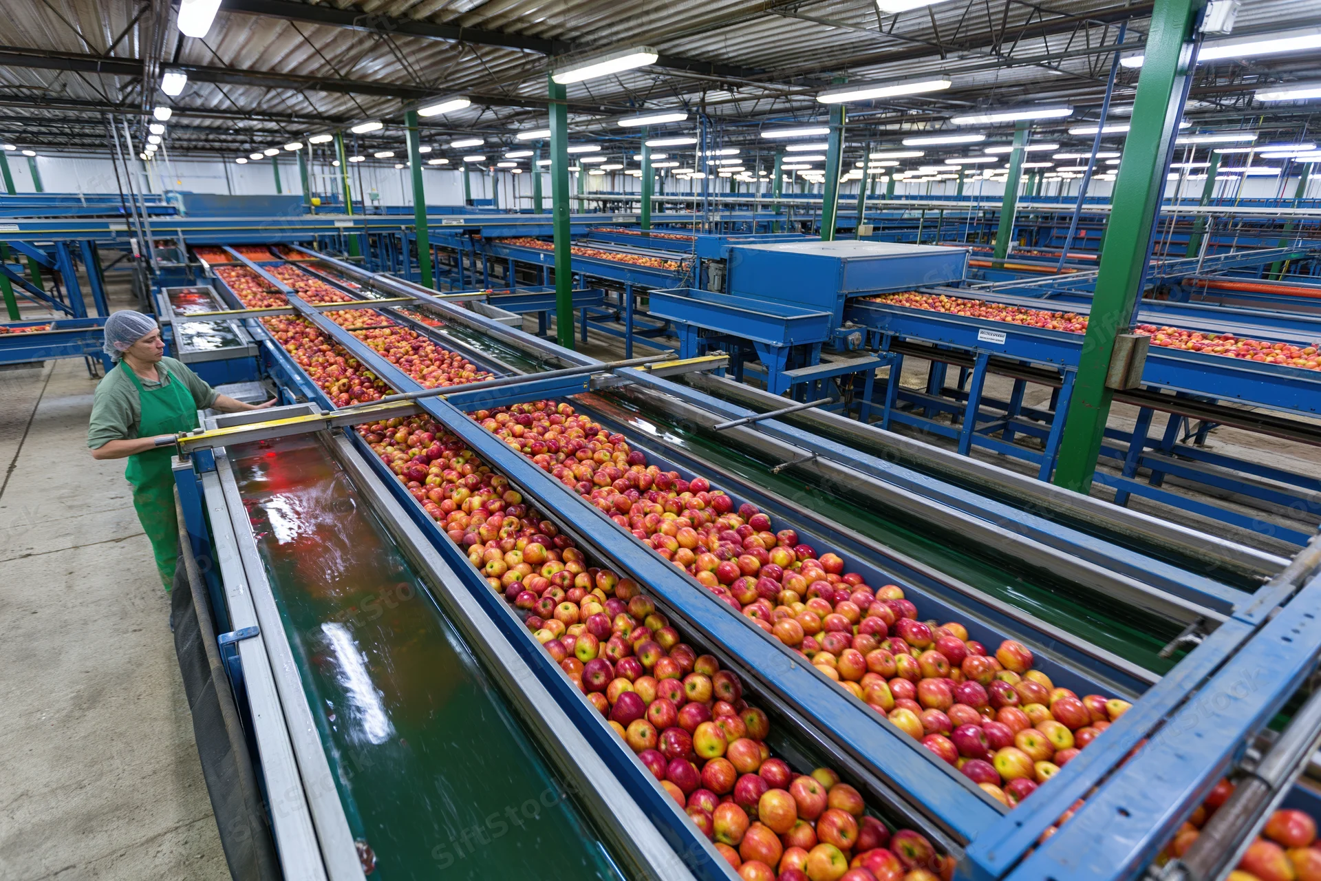 Woman inspecting apples on conveyor belts in large industrial packing facility