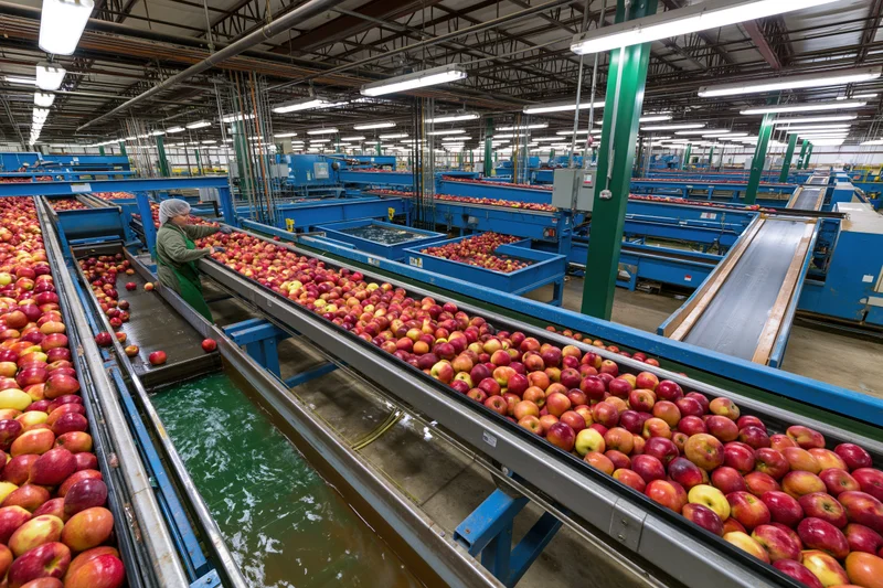 Apples moving on conveyor belts in a large industrial packing facility with a worker inspecting them