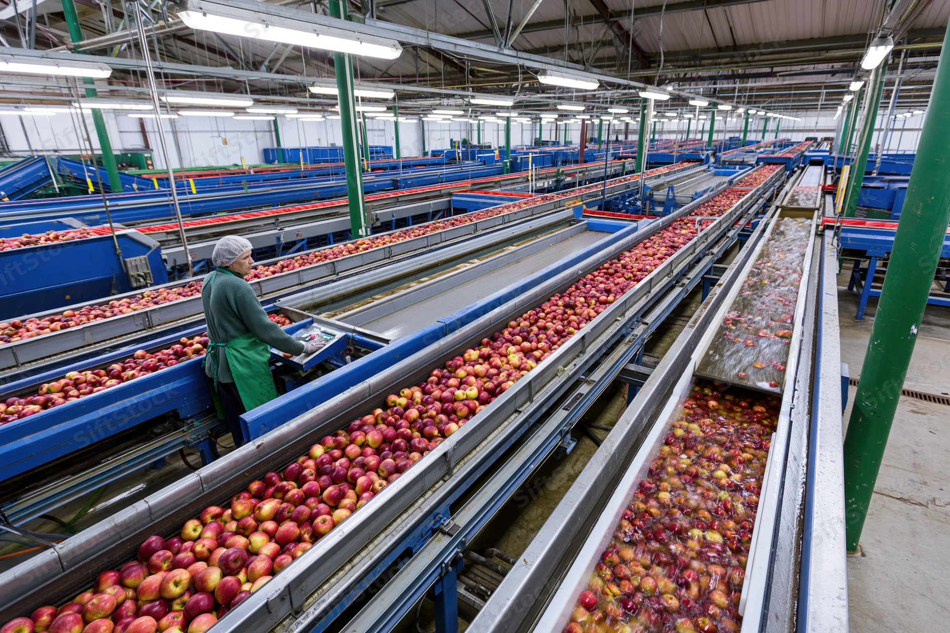 Woman sorting apples on conveyor belts in large industrial packing facility