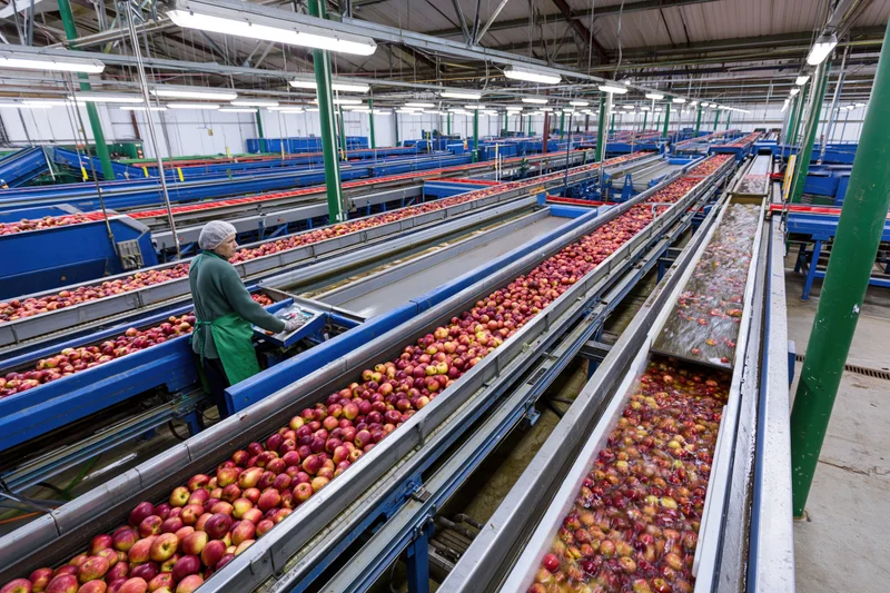 Woman sorting apples on conveyor belts in large industrial packing facility