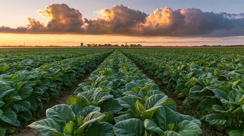 Rows of green soybean plants stretching across a farm field at sunset