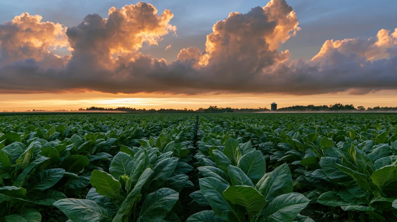 Rows of broad-leafed crops stretching across a field at sunset
