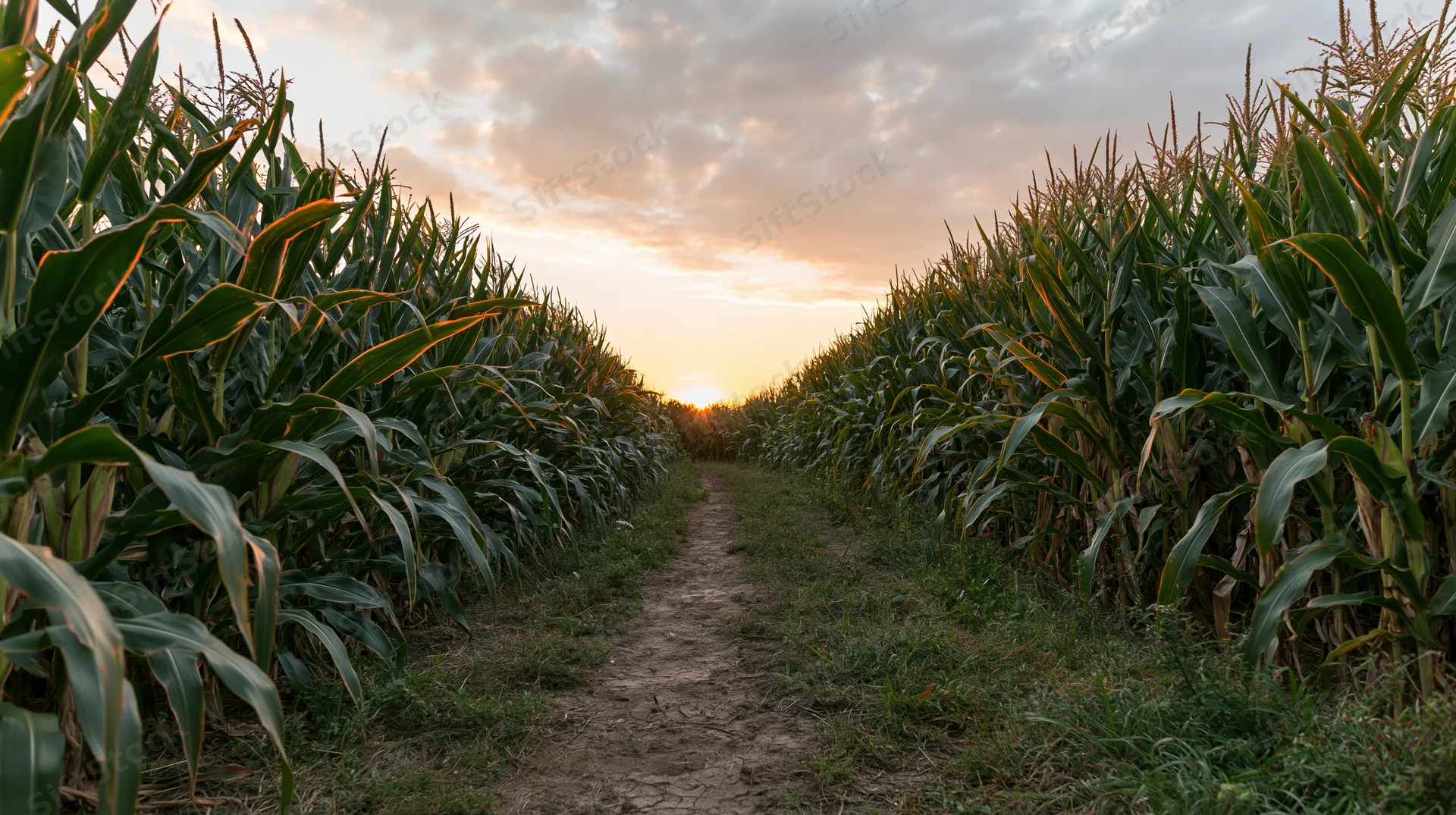 Dirt path through tall cornfield at sunset