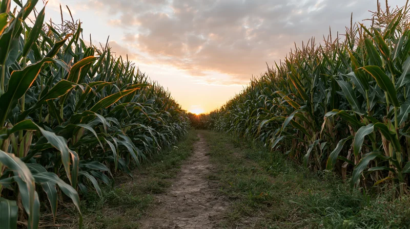Dirt path through tall cornfield at sunset