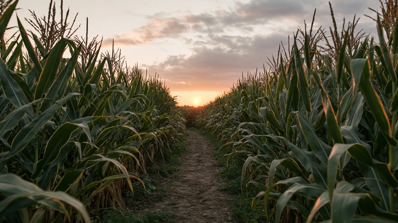 Dirt path through tall cornfield at sunset