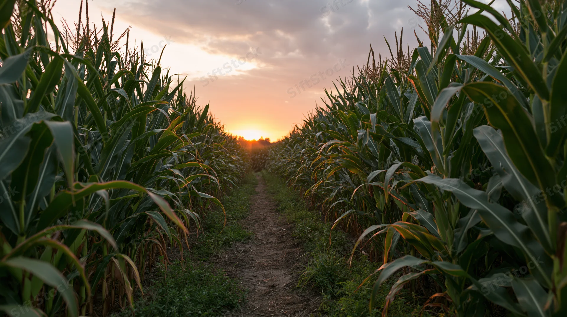 Dirt path through tall cornfield at sunset