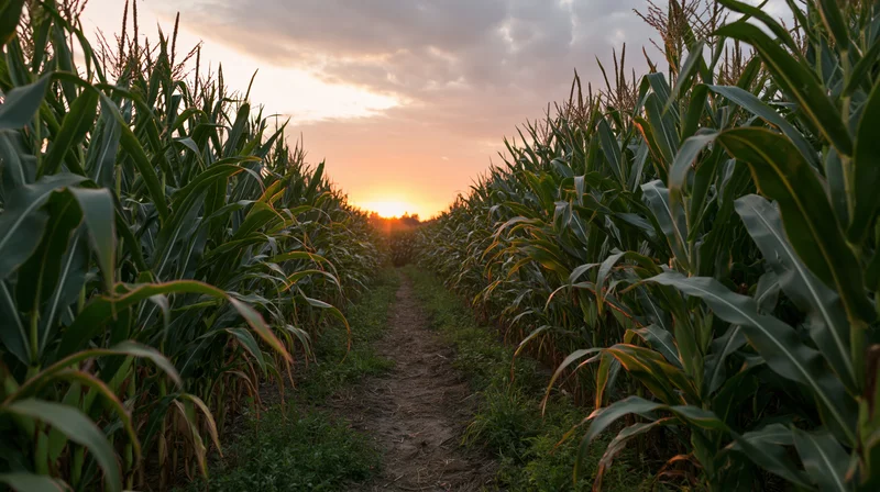 Dirt path through tall cornfield at sunset