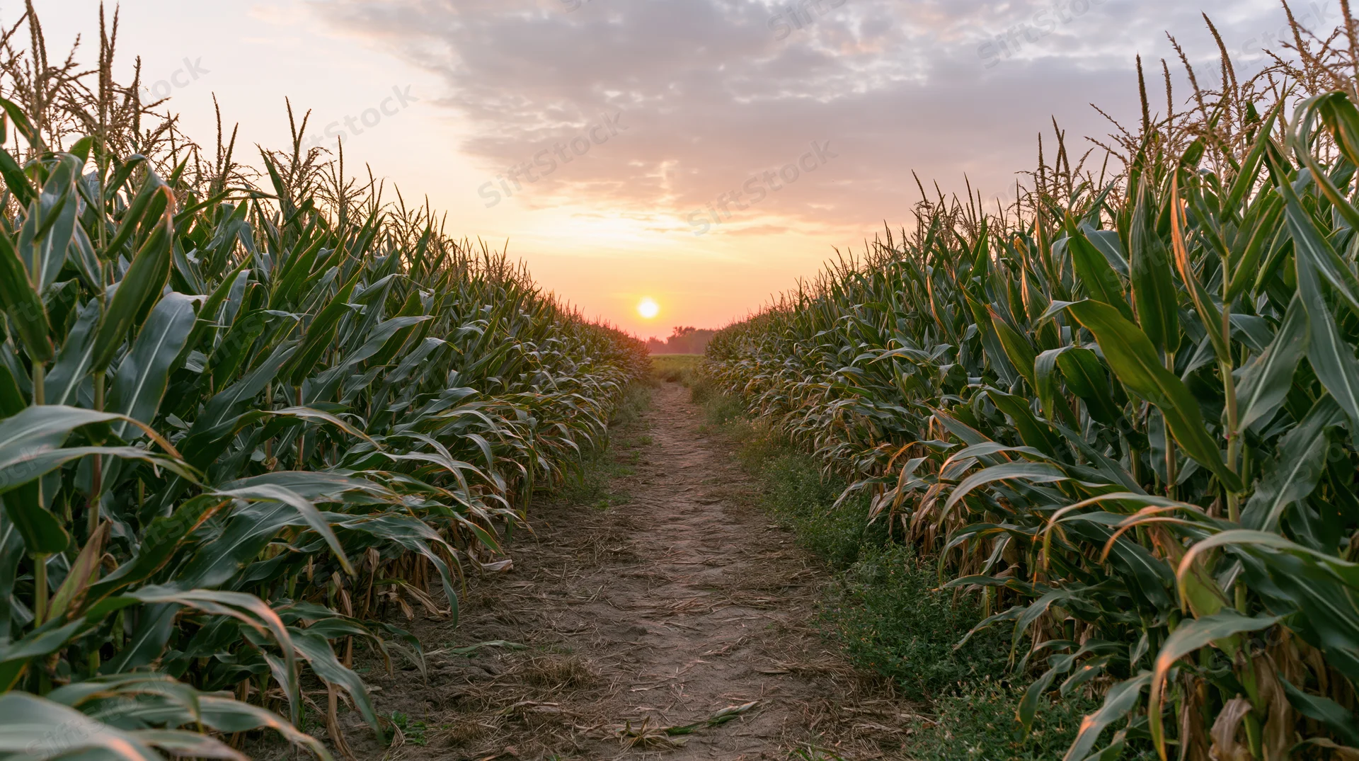 Dirt path through rows of mature cornfield at sunset