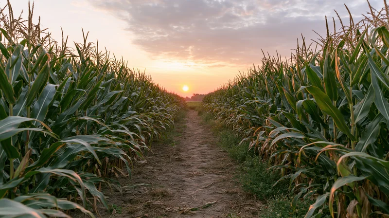 Dirt path through rows of mature cornfield at sunset