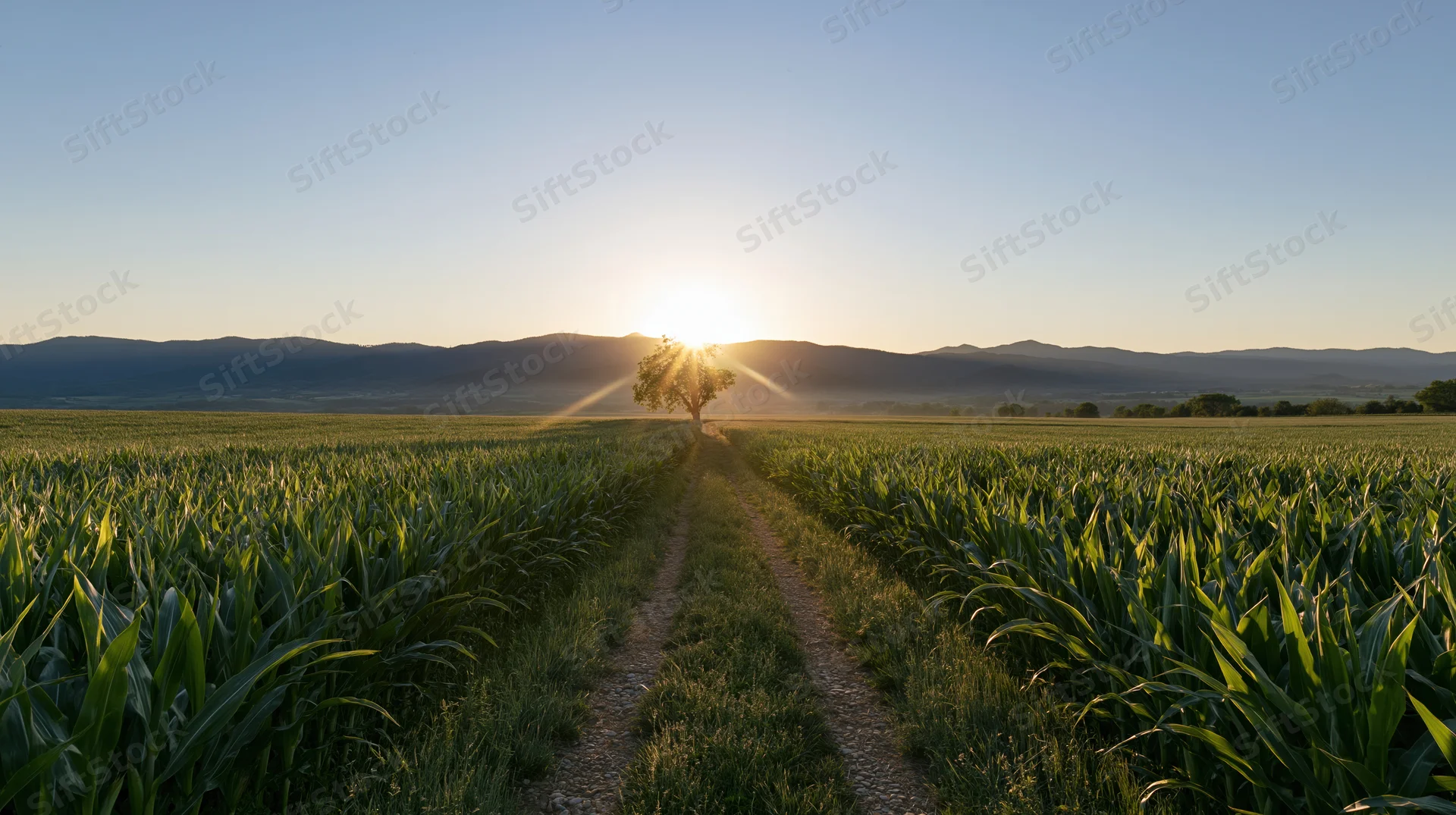 Narrow dirt path through a vast cornfield at sunset with distant mountains and a lone tree on the horizon