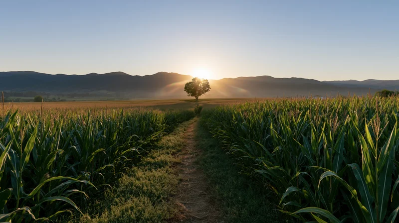 Narrow dirt path through a cornfield at sunset with mountains in the distance