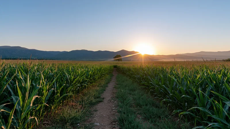 Narrow dirt path through a vast cornfield at sunset with mountains in the distance