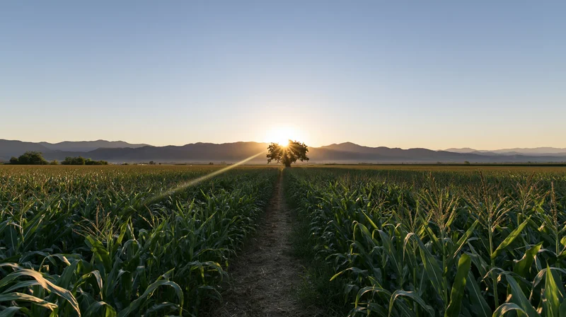 Wide view of a cornfield at sunset with a narrow dirt path leading toward a tree on the horizon