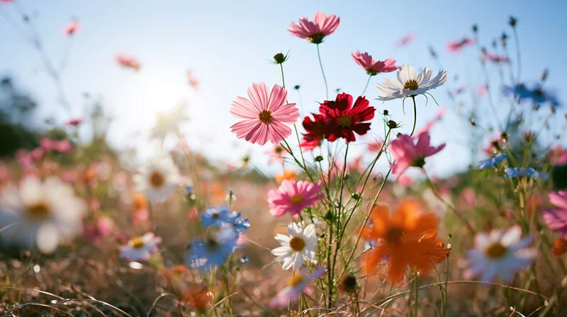 Colorful cosmos and daisy flowers blooming in a sunlit meadow field