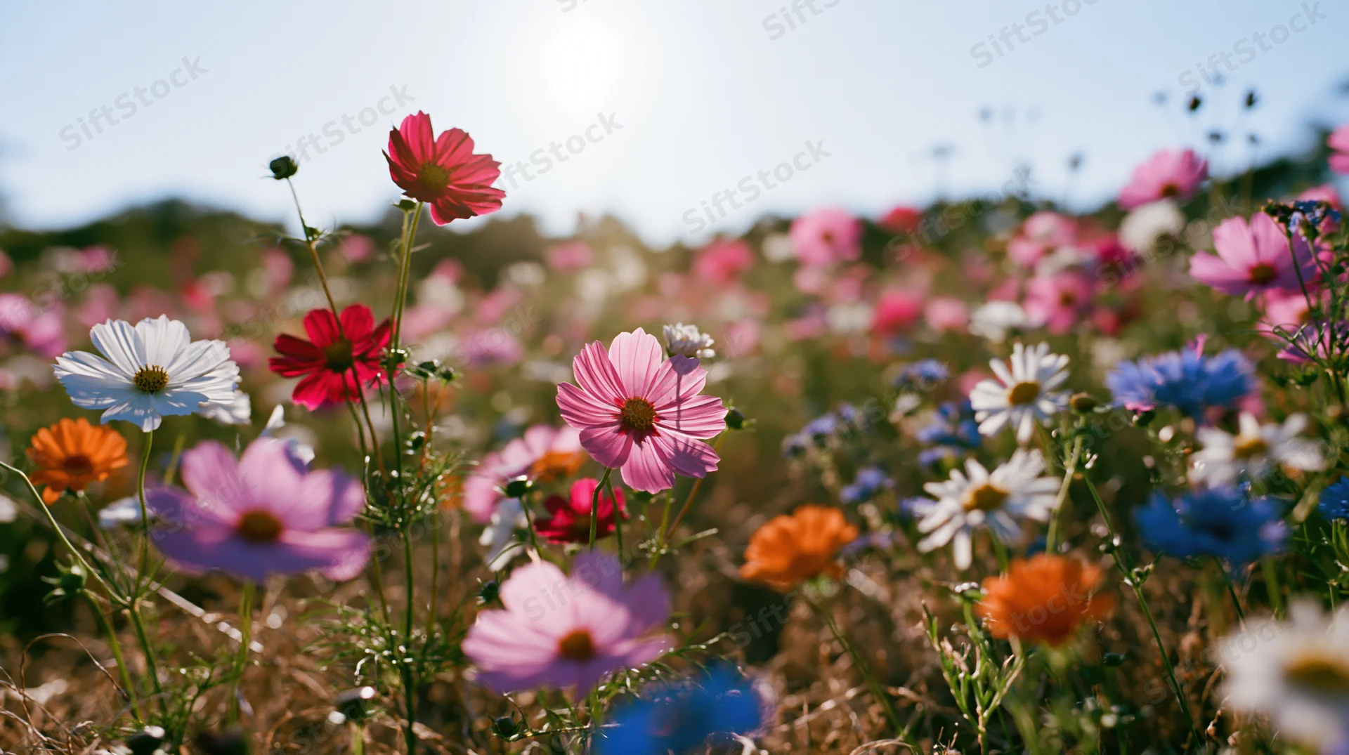 Colorful cosmos and daisy flowers blooming in a sunlit meadow field