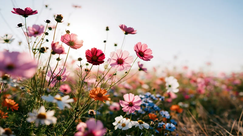 Cosmos and daisy flowers blooming in a sunlit meadow field