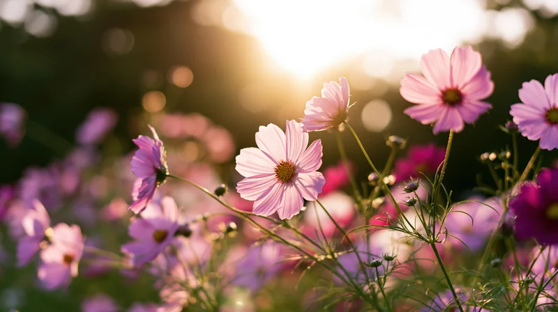 Pink and purple cosmos flowers blooming in a sunlit field at golden hour
