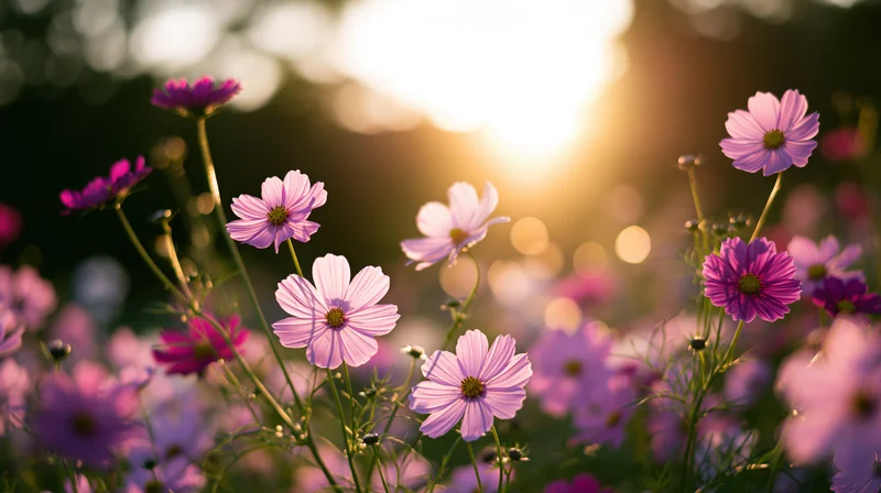 Pink and purple cosmos flowers blooming in a field at sunset with soft sunlight and bokeh background