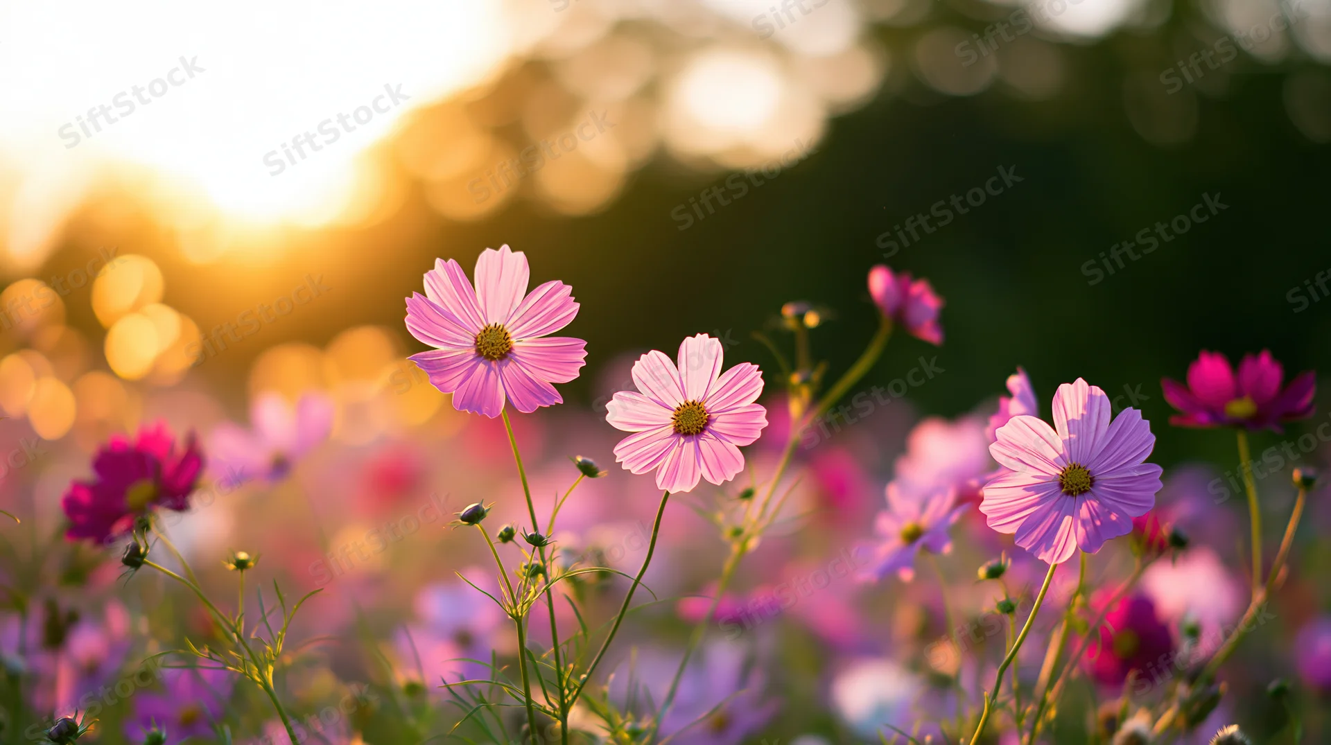 Pink and purple cosmos flowers blooming in a sunlit field at sunset