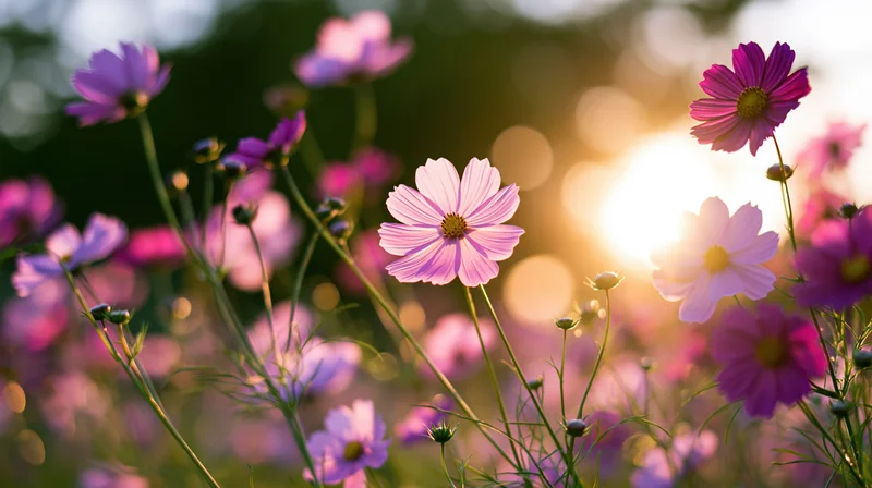 Pink and purple cosmos flowers blooming in a field at sunset