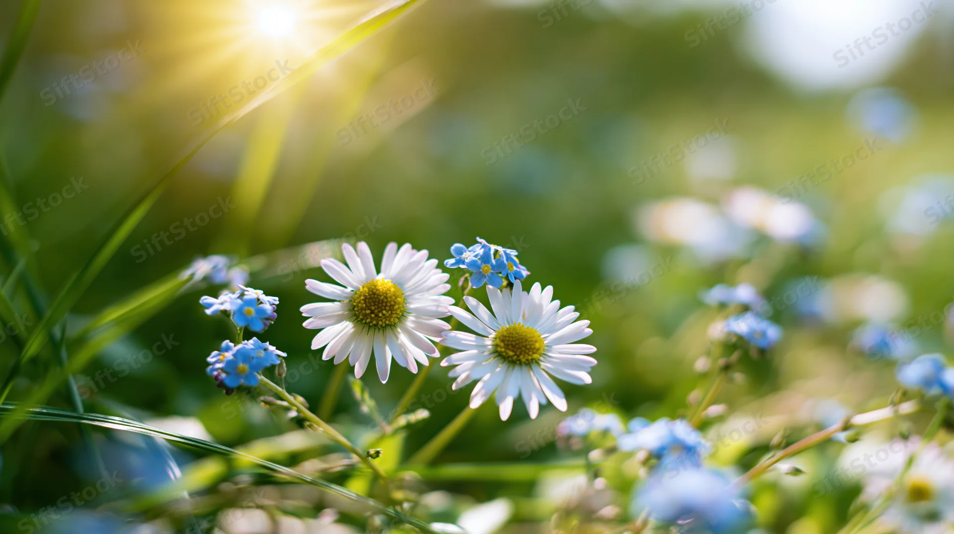 Daisies and forget-me-nots blooming in a sunlit meadow with green grass and soft background blur