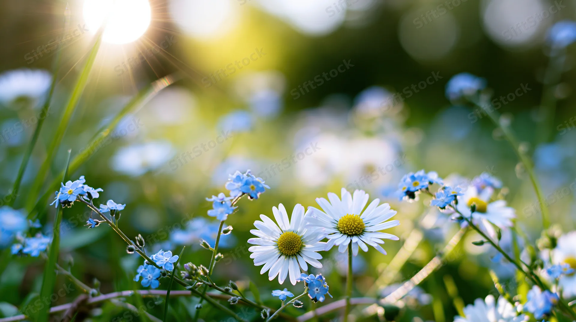 White daisies and blue forget-me-nots blooming in a sunlit meadow with green grass and soft background blur