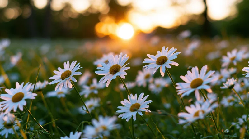 Daisies blooming in a field at golden hour sunset