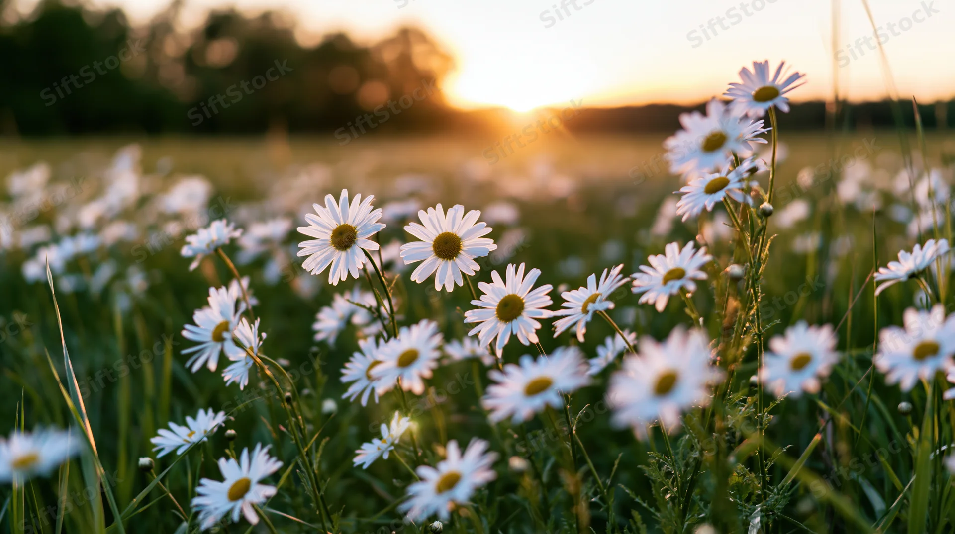 Daisies blooming in a field at sunset with a treeline in the distance