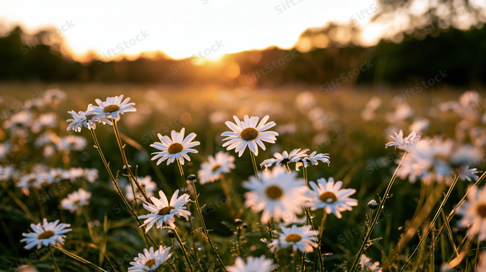 Daisies blooming in a field at golden hour with treeline in the distance