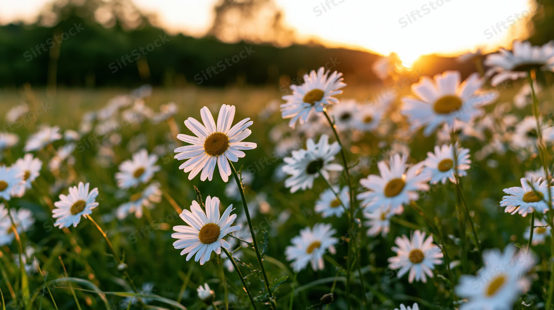 Daisies blooming in a field at golden hour with treeline in the distance